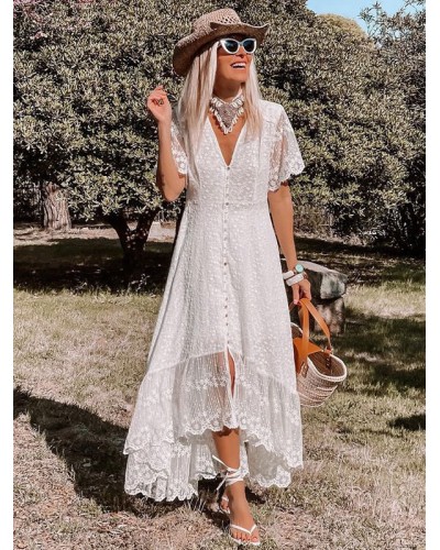 Maxi Dress V Neck Short Sleeves Lace Casual White Boho Dresses Bodycon Resort Wear