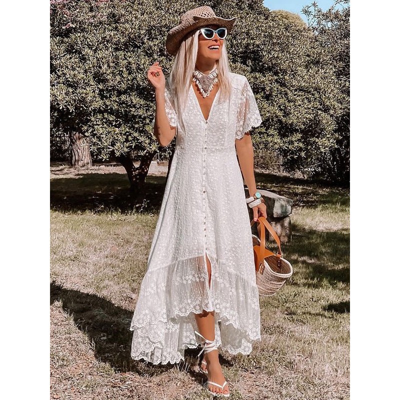 Maxi Dress V Neck Short Sleeves Lace Casual White Boho Dresses Bodycon Resort Wear