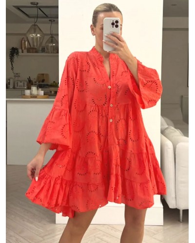 Women Dresses Cut Out Casual V-Neck 3/4 Length Sleeves Midi Dresses Shift Spring Summer