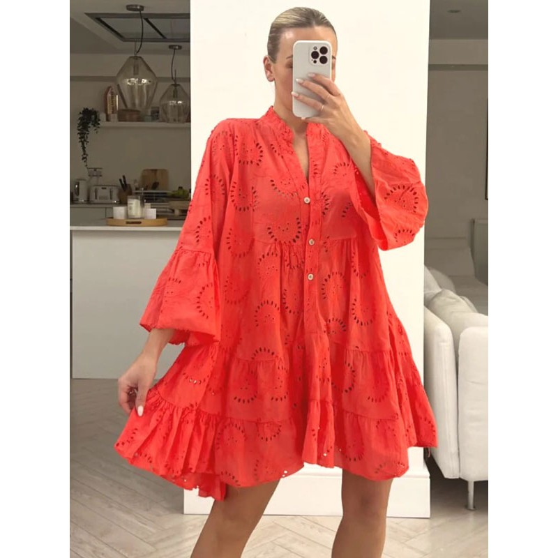 Women Dresses Cut Out Casual V-Neck 3/4 Length Sleeves Midi Dresses Shift Spring Summer