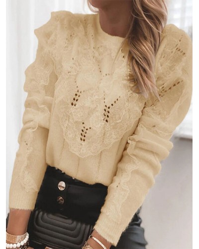 Women Pullovers Apricot Jewel Neck Long Sleeves Layered Sweaters Casual Spring Fall Winter