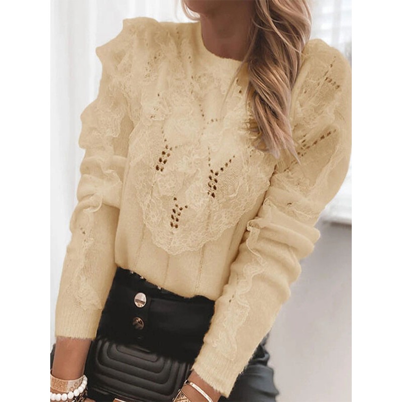 Women Pullovers Apricot Jewel Neck Long Sleeves Layered Sweaters Casual Spring Fall Winter