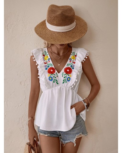 White Cami Top V-Neck Embroidered Pom Poms Floral Print Women Camis Casual Summer