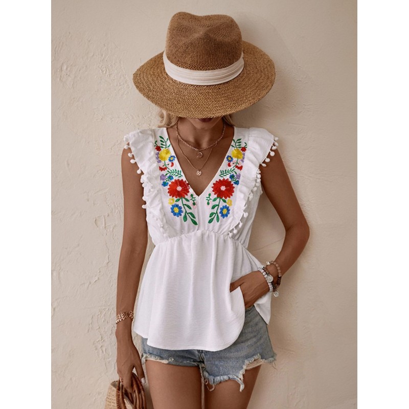 White Cami Top V-Neck Embroidered Pom Poms Floral Print Women Camis Casual Summer