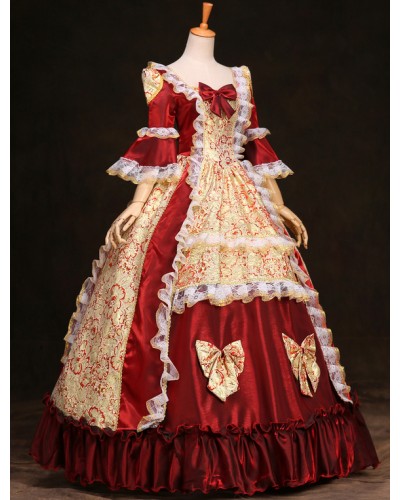 Victorian Dress Costume Rococo Fantastic Red Ruffles Ball Gown Half Sleeves Victorian Era Outfits Royal Costumes Dress ROCOCO Halloween Holiday Pageant