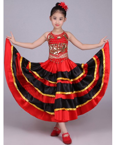 Girls Kids Belly Dance Costumes Red Flamenco Dress Paso Doble Costumes Spanish Skirt For Carnival