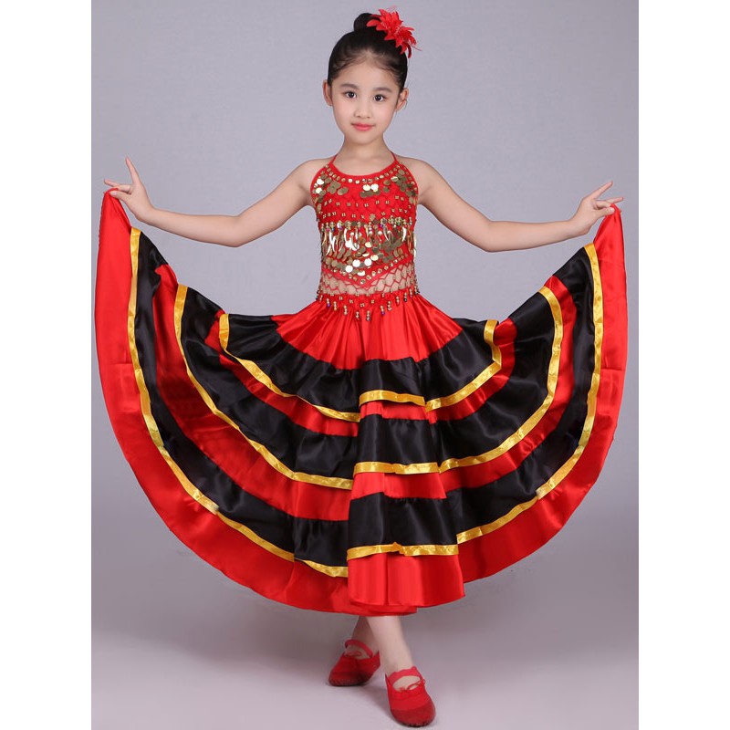 Girls Kids Belly Dance Costumes Red Flamenco Dress Paso Doble Costumes Spanish Skirt For Carnival