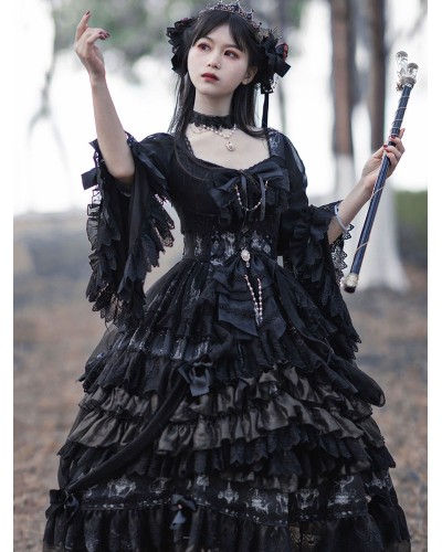 Gothic Lolita OP Dress Black Long Sleeve Polyester Tea Party Witch Lace Lolita One Piece Dress