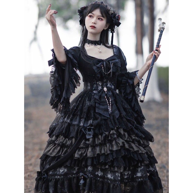 Gothic Lolita OP Dress Black Long Sleeve Polyester Tea Party Witch Lace Lolita One Piece Dress