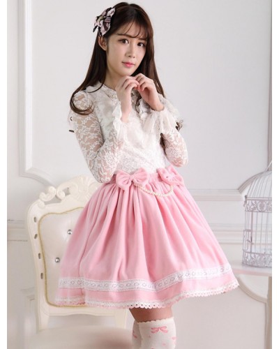 Pink Short Kawaii Lolita Skirt With White Trim Bow Pears Dress Sweet Spring Daily Casual