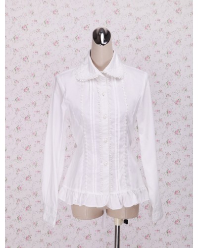 White Cotton Lolita Blouse Long Sleeves Waist Belt Ruffles Trim