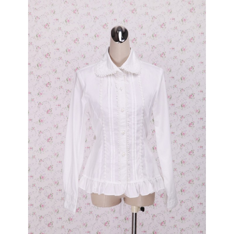 White Cotton Lolita Blouse Long Sleeves Waist Belt Ruffles Trim