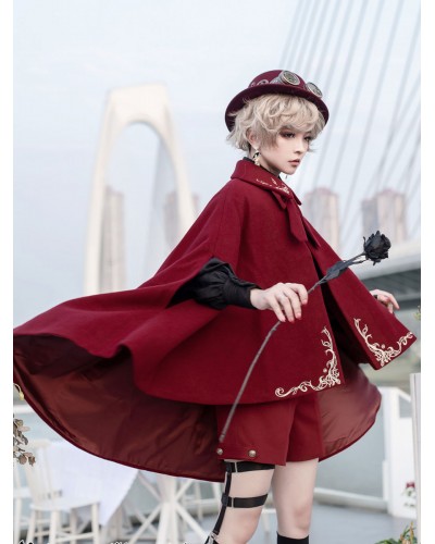 Steampunk Lolita Cape Ouji Style Burgundy Polyester Embroidered Floral Print Winter Lolita Outwears Poncho  Cape Gothic Daily Casual