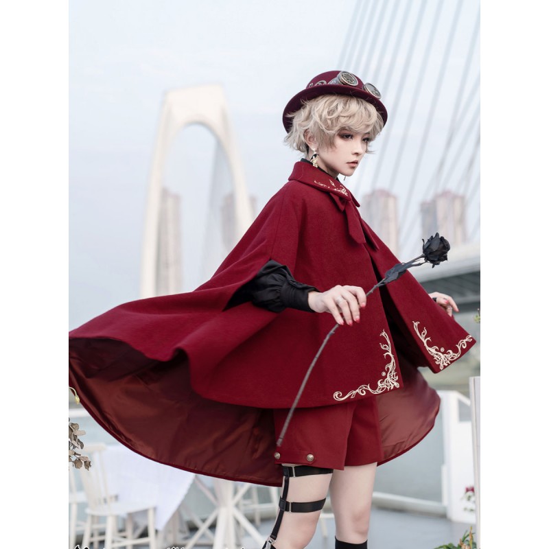 Steampunk Lolita Cape Ouji Style Burgundy Polyester Embroidered Floral Print Winter Lolita Outwears Poncho  Cape Gothic Daily Casual