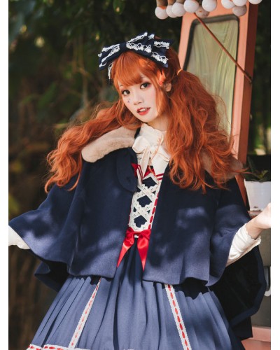 Lolita Cape Dark Navy Polyester Spring Lolita Outwears Coat Sweet Daily Casual Tea Party