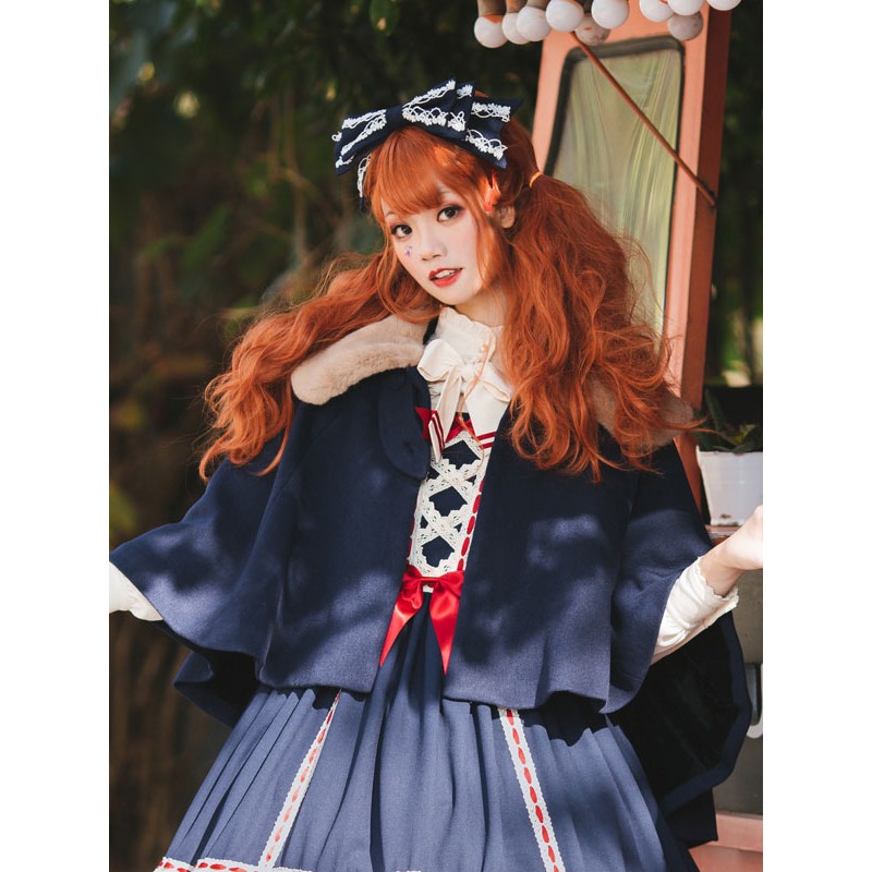 Lolita Cape Dark Navy Polyester Spring Lolita Outwears Coat Sweet Daily Casual Tea Party