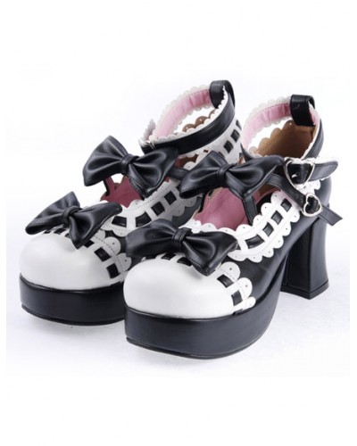 Black White Lolita Chunky Heels Shoes Platform White Trim Bows Ankle Strap