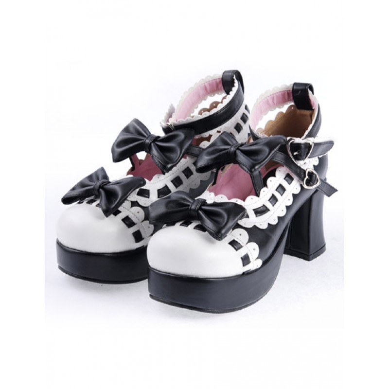 Black White Lolita Chunky Heels Shoes Platform White Trim Bows Ankle Strap