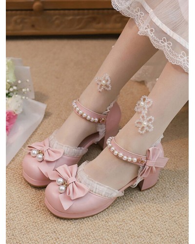 Sweet Lolita Sandals Ruffles Pearls Bows Round Toe PU Leather Pink Lolita Summer Shoes