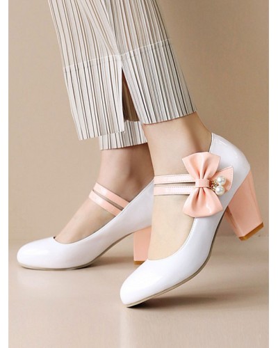 White Lolita Footwear Round Toe PU Leather Chunky Heel Lolita Pumps