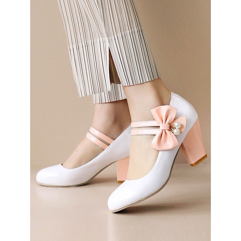 White Lolita Footwear Round Toe PU Leather Chunky Heel Lolita Pumps