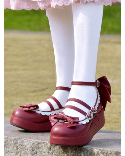 Sweet Lolita Pumps Burgundy Bows Round Toe Flatform Lolita Shoes Tea Party