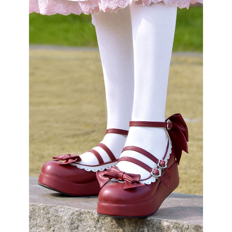 Sweet Lolita Pumps Burgundy Bows Round Toe Flatform Lolita Shoes Tea Party