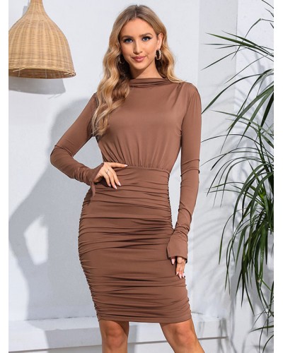 Women Dresses Coffee Brown Long Sleeves Slim Fit Midi Sheath Dress Bodycon Spring Summer Fall