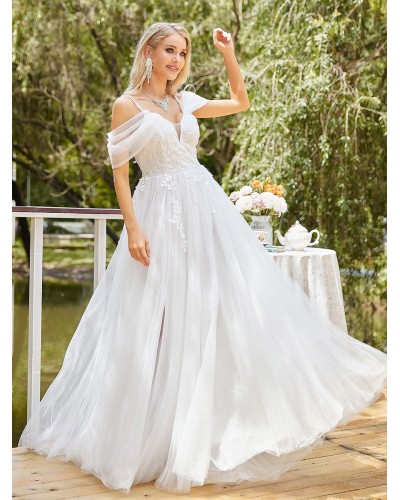 Dresses V-Neck Lace Off-the-Shoulder A-line Tulle Bridal Wedding Dress Elegant Party