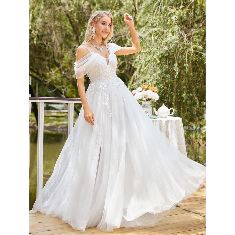 Dresses V-Neck Lace Off-the-Shoulder A-line Tulle Bridal Wedding Dress Elegant Party