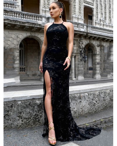 Birthday Party Dresses Black Halter Sleeveless Long High Slit Semi Formal Dress