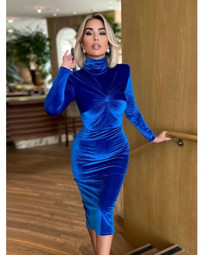 Women's Clothing Velvet Dress Blue Long Sleeves Korean Velvet High Collar Dresses Chic  Modern Office  Career