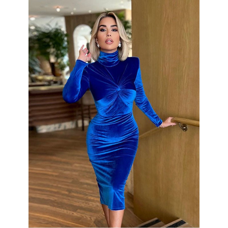 Women's Clothing Velvet Dress Blue Long Sleeves Korean Velvet High Collar Dresses Chic  Modern Office  Career