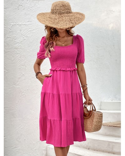 Summer Midi Dress Rose Square Neck Lace Up Beach Dress Casual Street Wear Daily Casual Resort Wear