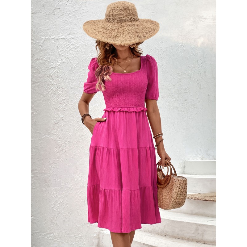 Summer Midi Dress Rose Square Neck Lace Up Beach Dress Casual Street Wear Daily Casual Resort Wear