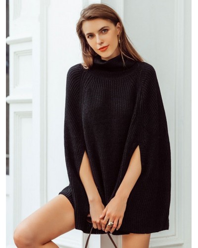 Women Knitted Poncho Turtleneck Black Casual Cape Poncho  Cape Spring Fall Winter Street Wear Daily Casual