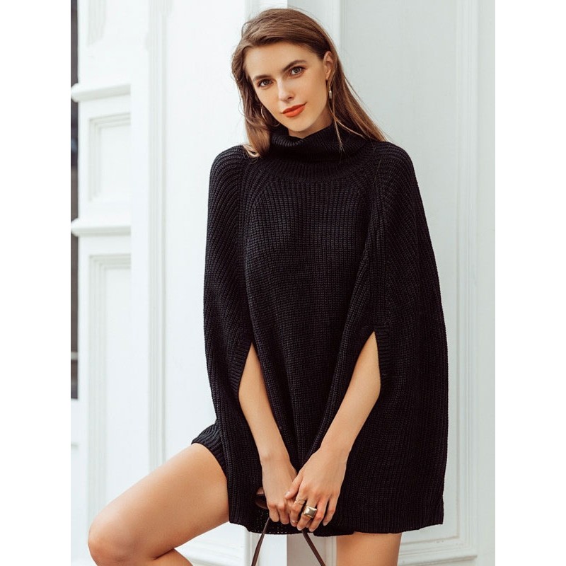 Women Knitted Poncho Turtleneck Black Casual Cape Poncho  Cape Spring Fall Winter Street Wear Daily Casual