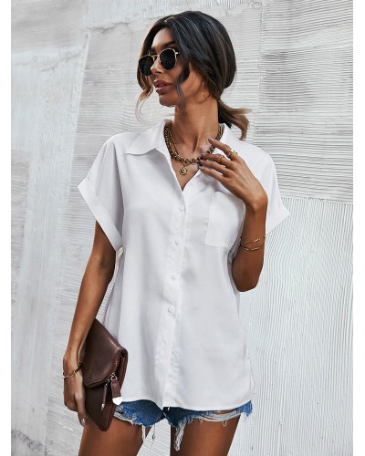 Women Blouse White Turndown Collar Short Sleeves Tops Casual Spring Summer Fall