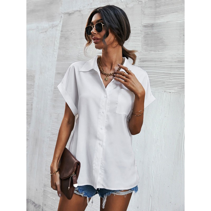 Women Blouse White Turndown Collar Short Sleeves Tops Casual Spring Summer Fall