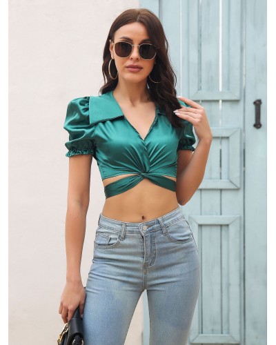 Blouse For Women Blue Satin Fabric V-Neck Irregular Lace Up Short Sleeves Tops Sexy Street Wear