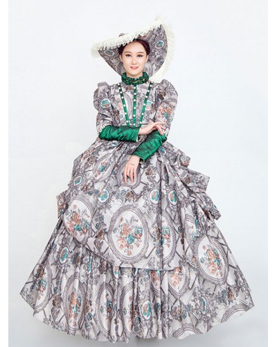 Women Gray Retro Costumes 's Floral Print Ruffles Pearls Marie Antoinette Costume Polyester Dress Hat Clothing Tunic Vintage Euro-Style