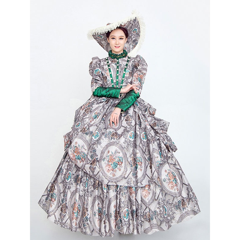 Women Gray Retro Costumes 's Floral Print Ruffles Pearls Marie Antoinette Costume Polyester Dress Hat Clothing Tunic Vintage Euro-Style