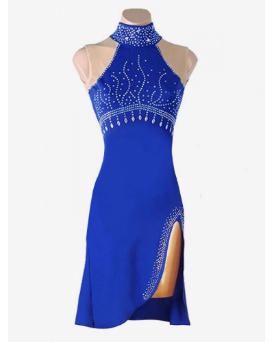 Women Latin Dance Costume Blue 's Rhinestones High-slit Polyester Dress Dancing Costume Bodycon Sexy