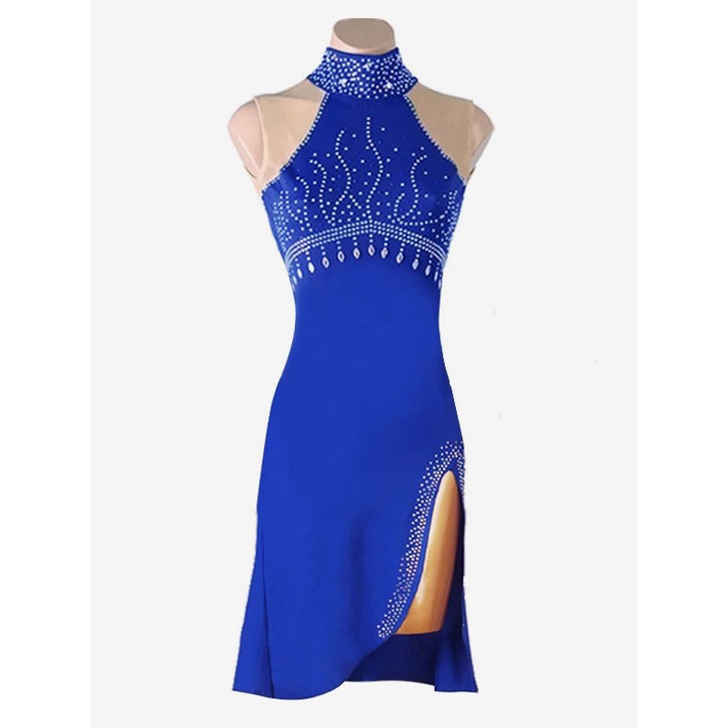 Women Latin Dance Costume Blue 's Rhinestones High-slit Polyester Dress Dancing Costume Bodycon Sexy