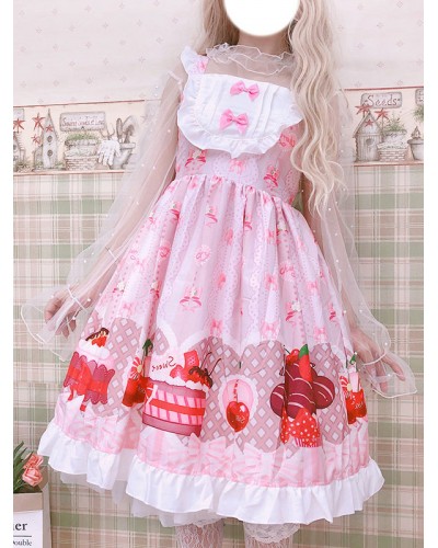 Lolita JSK Dress Printed Ruffles And Bows Pink Red Lolita Jumper Skirts Sweet Summer Street Wear