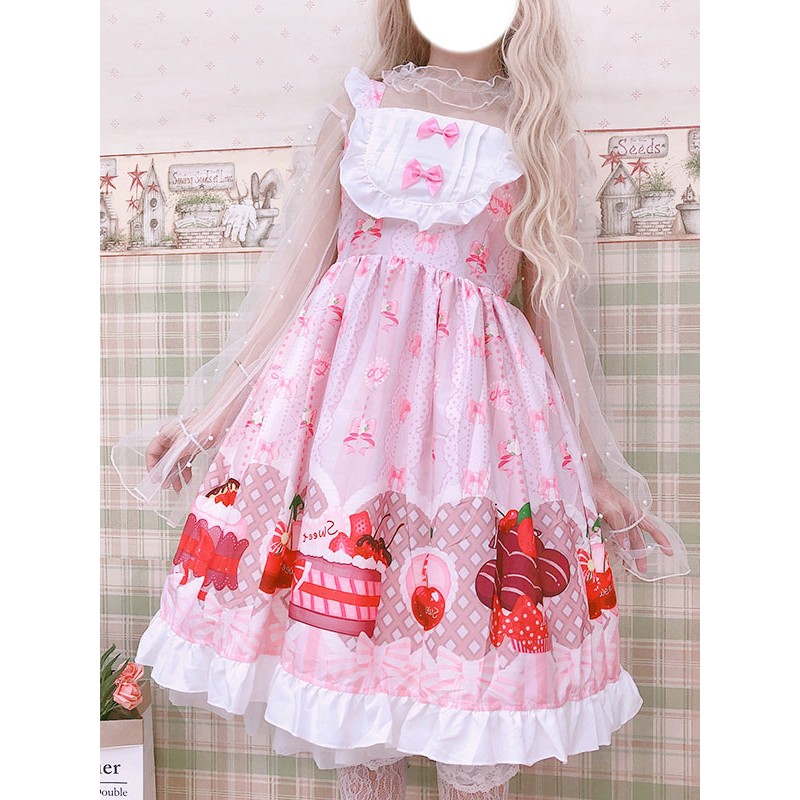 Lolita JSK Dress Printed Ruffles And Bows Pink Red Lolita Jumper Skirts Sweet Summer Street Wear