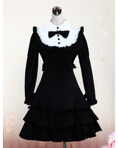 Cotton Black Long Sleeves Ruffle Classic Lolita Dress Classic  Traditional Fall Tea Party