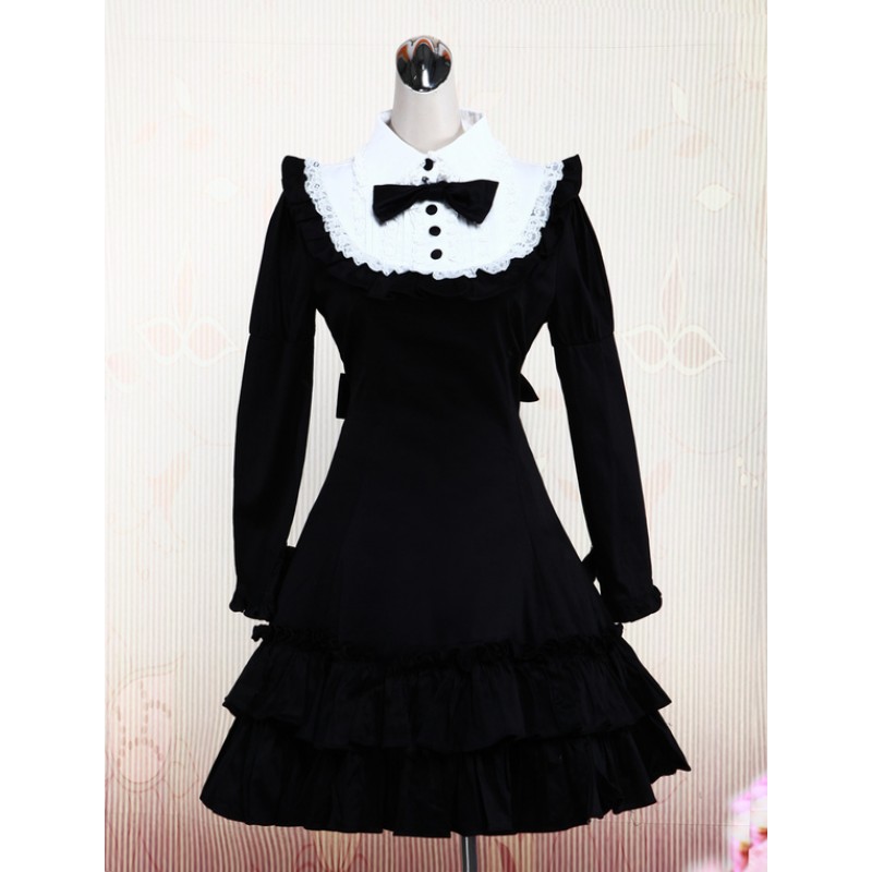 Cotton Black Long Sleeves Ruffle Classic Lolita Dress Classic  Traditional Fall Tea Party