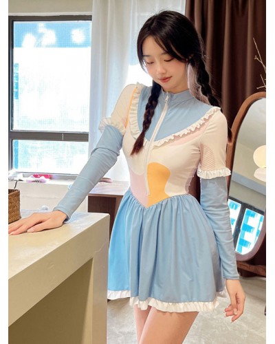 Lolita Outfits Light Sky Blue Ruffles Long Sleeves Jumpsuit Sets Sweet Daily Casual