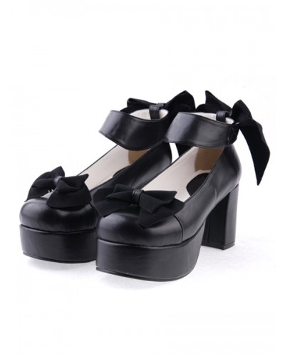 Matte Black Lolita Chunky Heels Shoes Platform Bows Ankle Strap